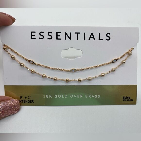 NWT 18k Gold over Brass Double Chained Ball/Opal Ankle Bracelet Cubic Zirconia - Picture 1 of 13